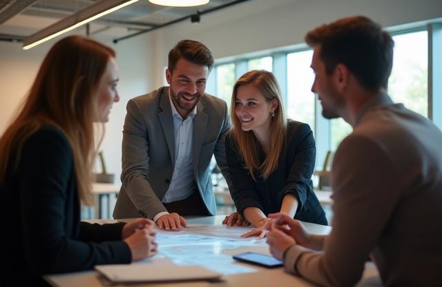 Helvetia Digital Partners AG team collaborating on a project in a modern, bright office space.